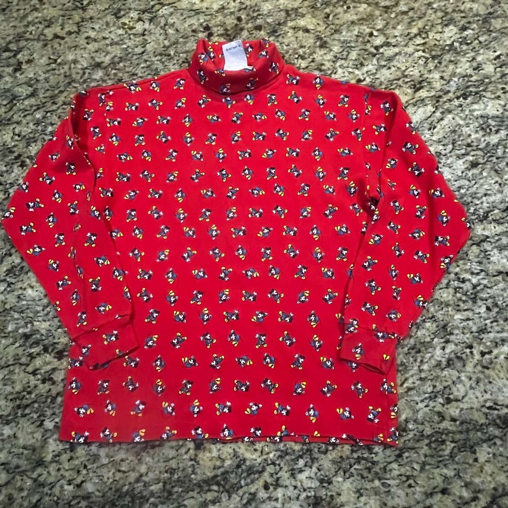 Vintage Mickey & Co Red Turtleneck Mickey Mouse All Over Print Cotton Top Medium